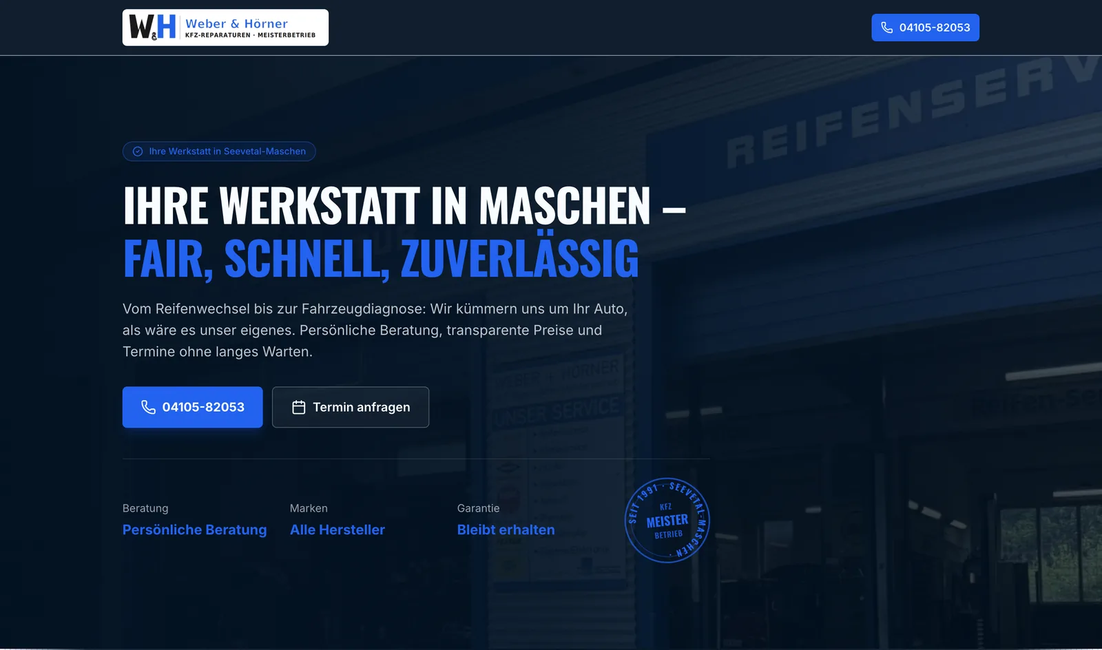 Startseite der neuen Weber-und-Hörner-Website: dunkler Hero mit Telefonnummer, Terminanfrage und Meisterbetrieb-Siegel